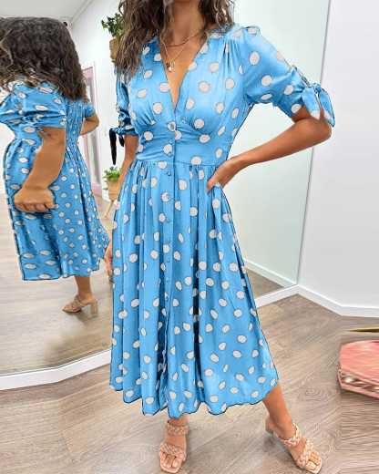 Women's Cocktail Polka Dot V Neck Midi Dress
