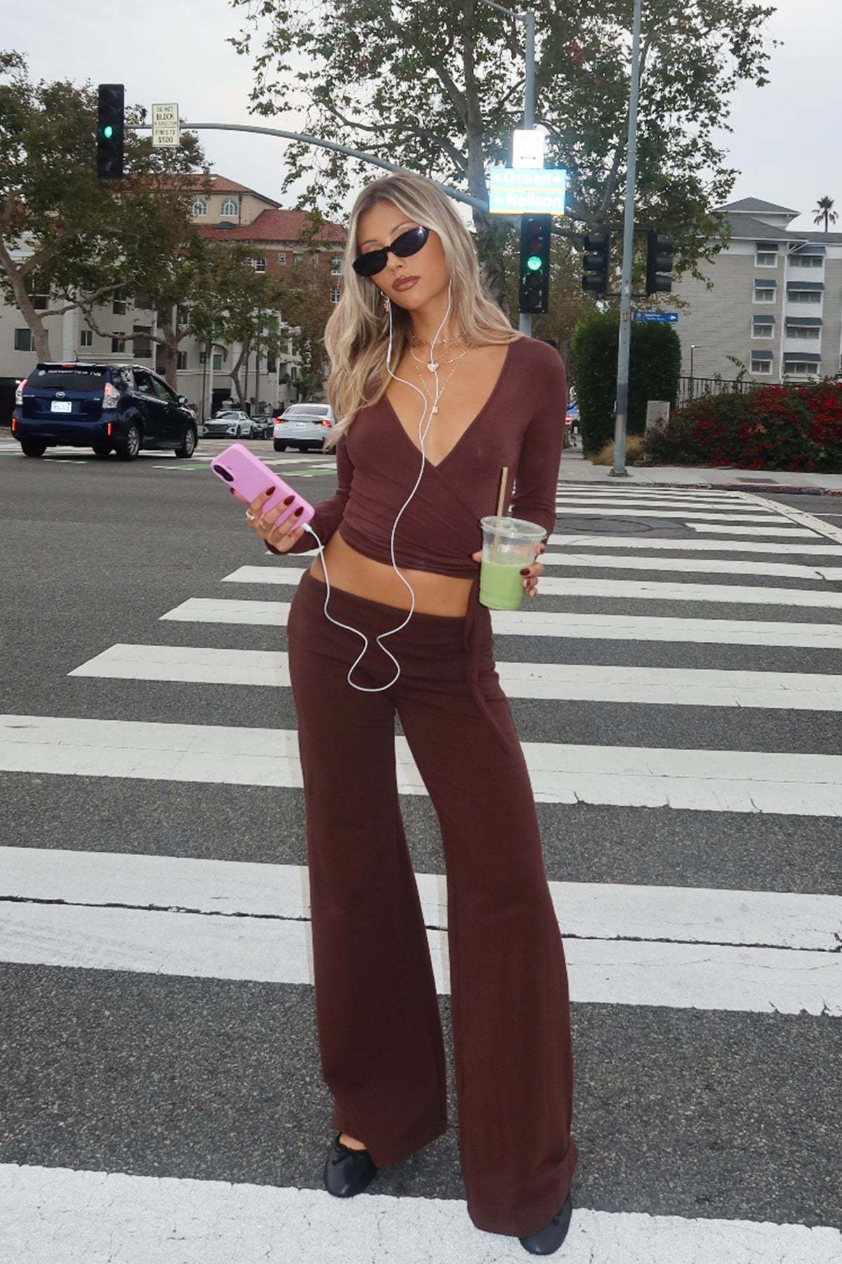 Wide Leg Foldover Pants - BROWN