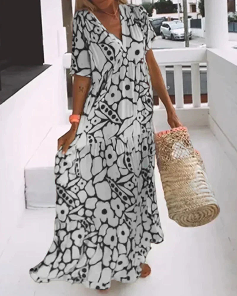 Women's Summer Floral V Neck Flutter Sleeve Maxi Dress