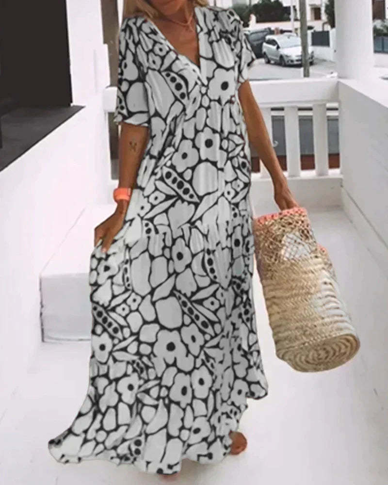 Women's Summer Floral V Neck Flutter Sleeve Maxi Dress