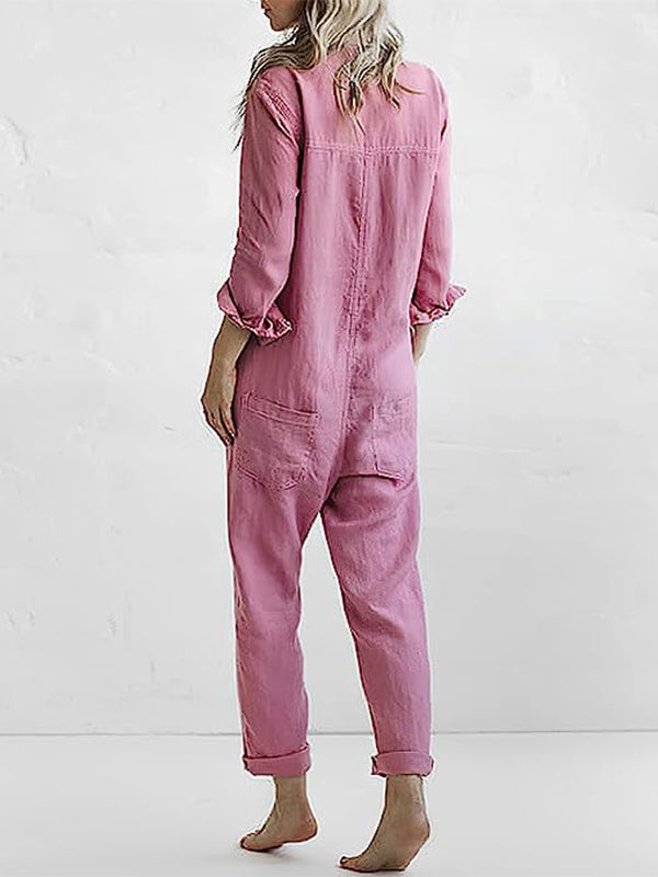 Women's Casual Long Sleeve Button Front Jumpsuit