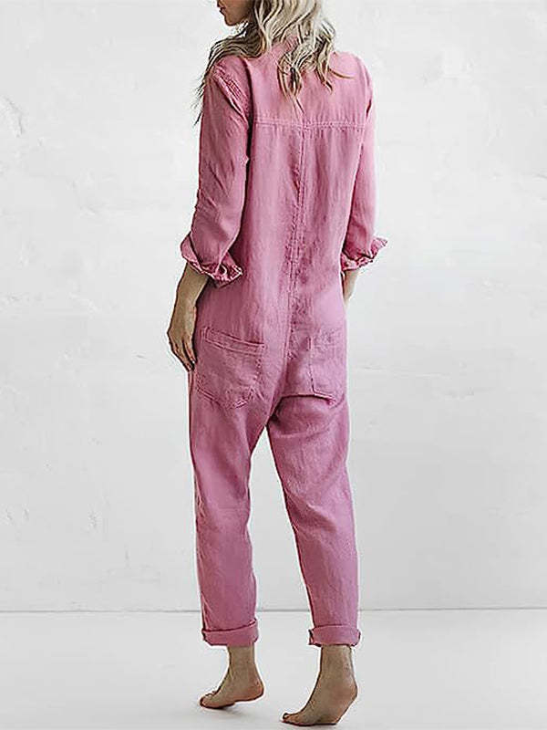Women's Casual Long Sleeve Button Front Jumpsuit