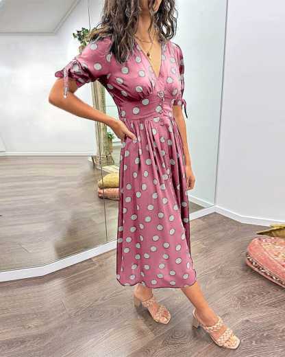 Women's Cocktail Polka Dot V Neck Midi Dress