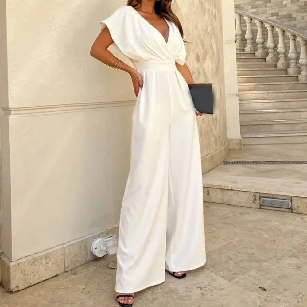 Women's Cocktail Wide Leg V Neck Flutter Sleeve Jumpsuit