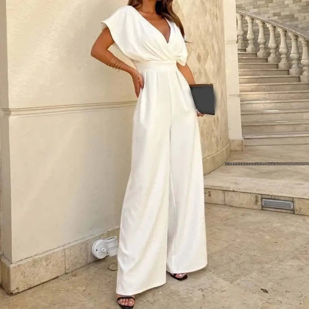 Women's Cocktail Wide Leg V Neck Flutter Sleeve Jumpsuit