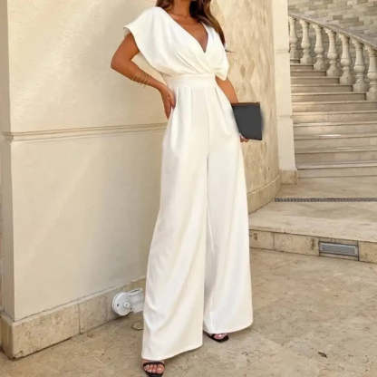 Women's Cocktail Wide Leg V Neck Flutter Sleeve Jumpsuit