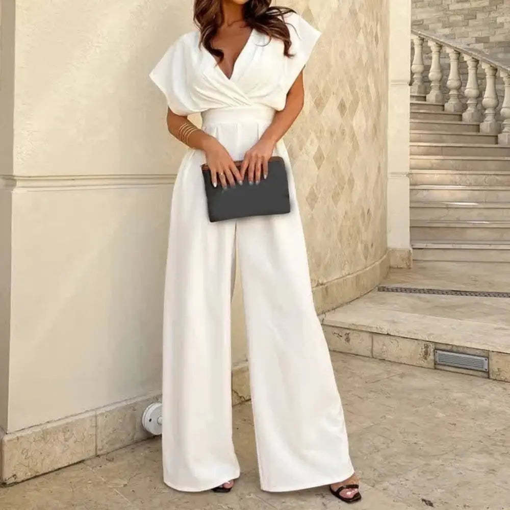 Women's Cocktail Wide Leg V Neck Flutter Sleeve Jumpsuit
