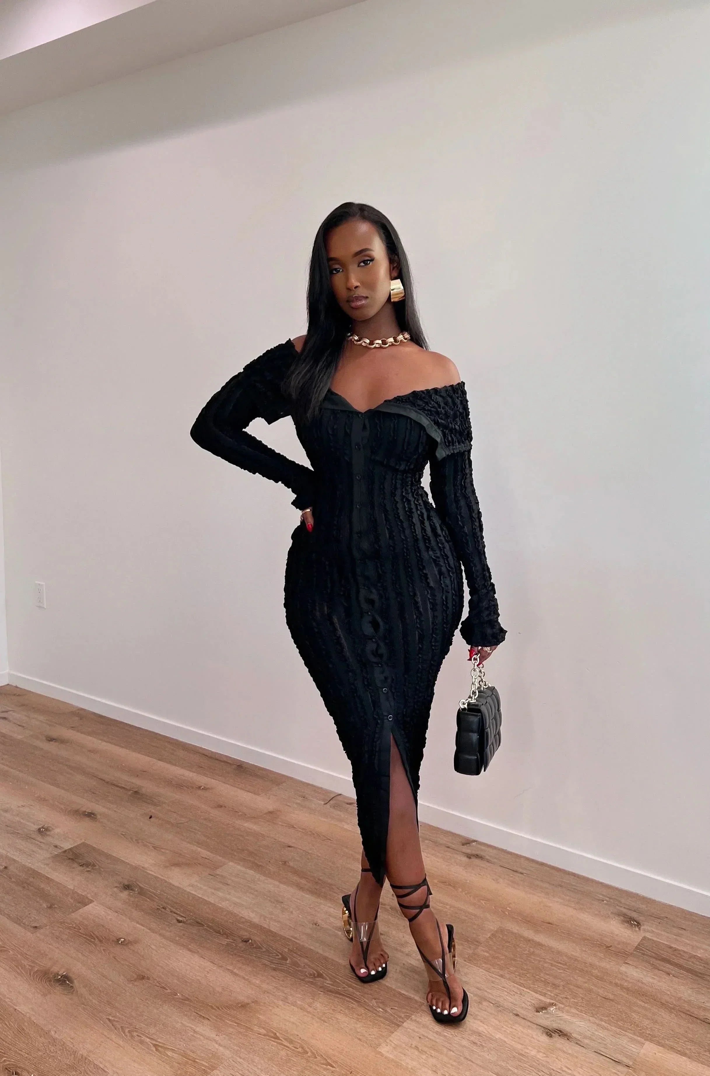 Black ruched off-shoulder midi dress with button-front detail
