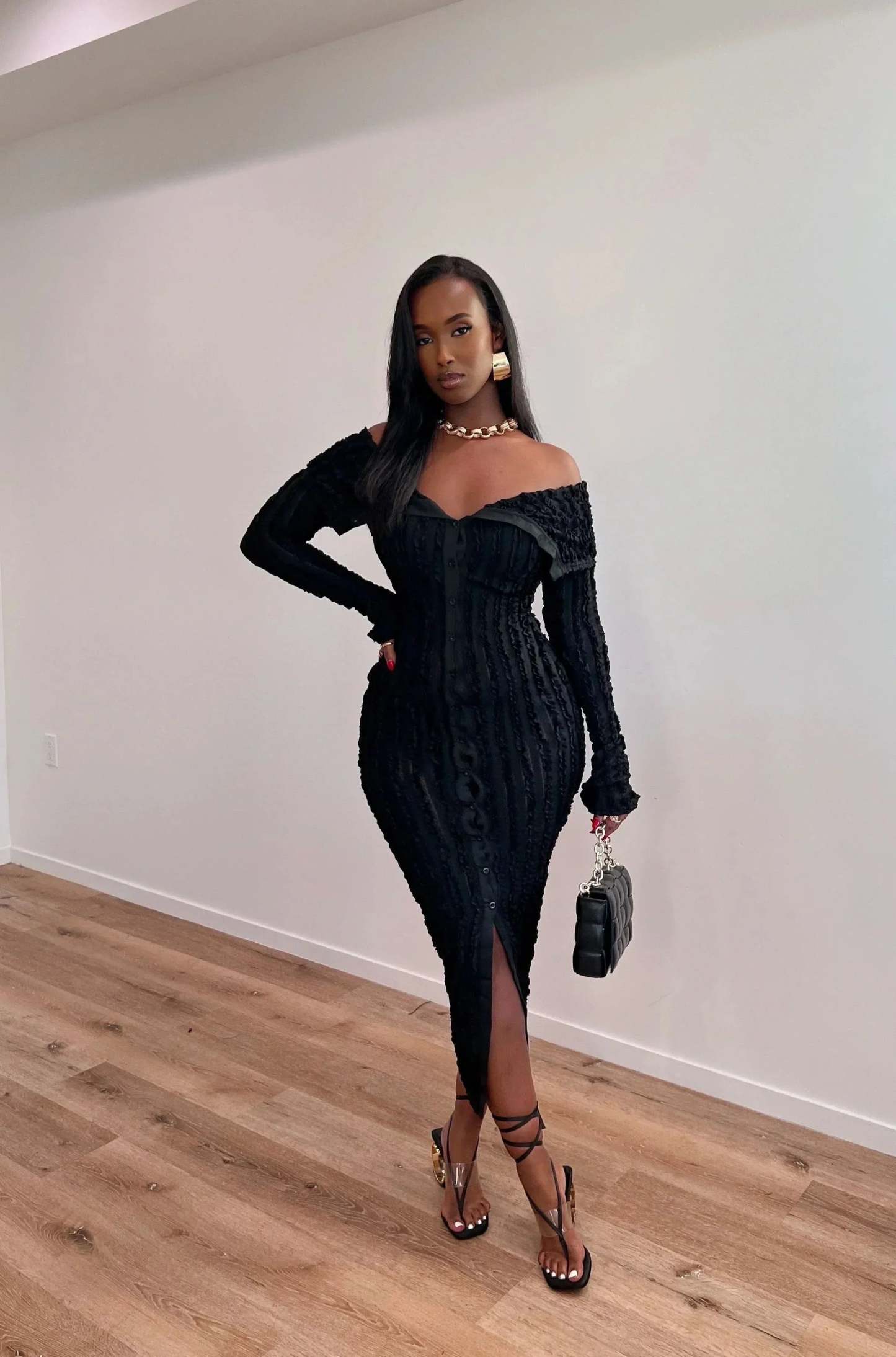 Black ruched off-shoulder midi dress with button-front detail