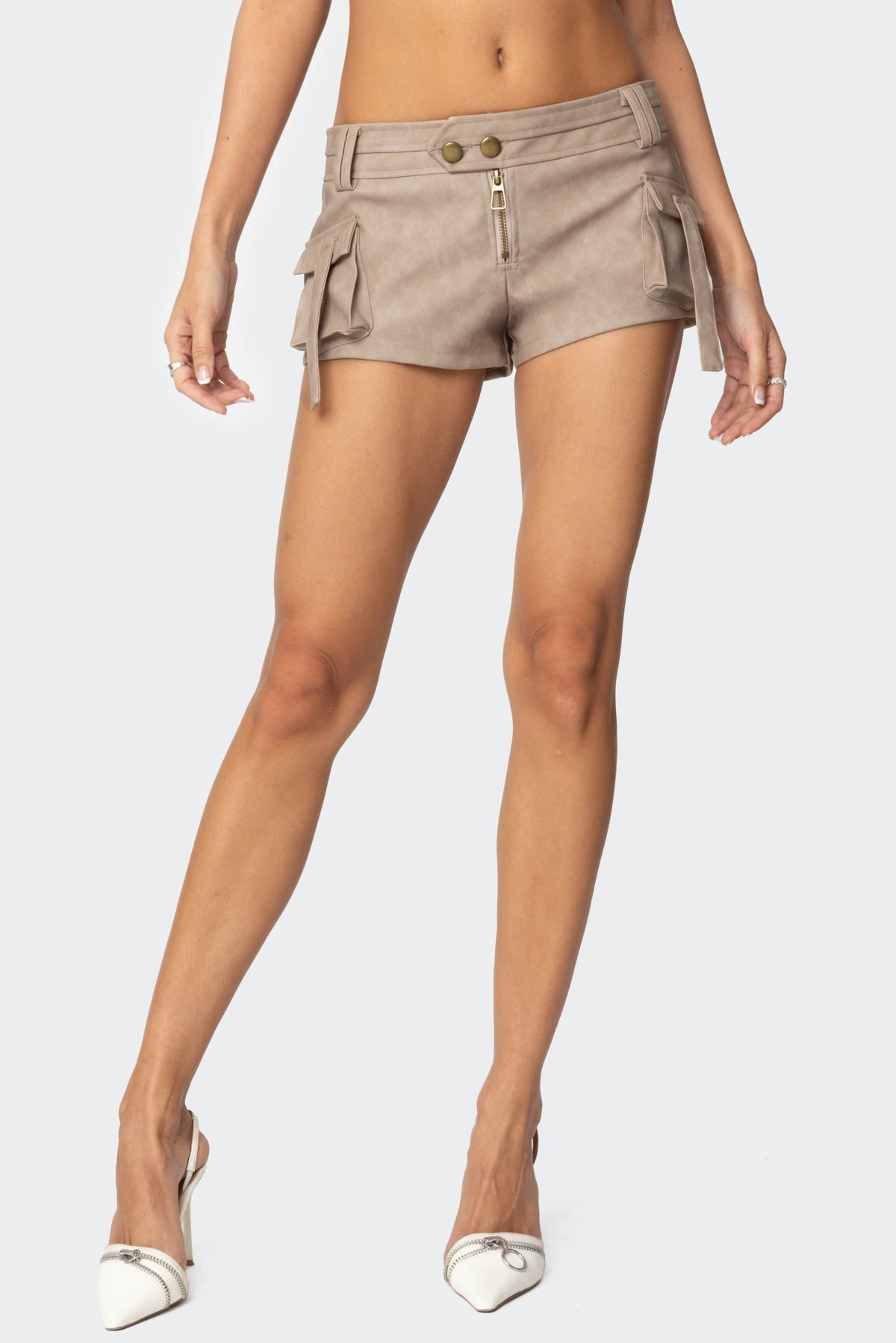 Washed Faux Leather Micro Cargo Shorts - BEIGE