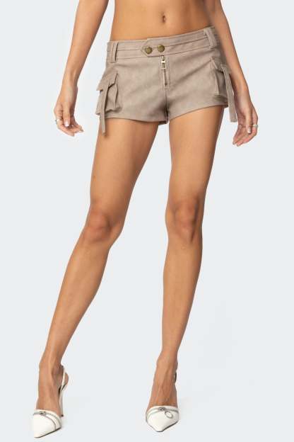 Washed Faux Leather Micro Cargo Shorts - BEIGE