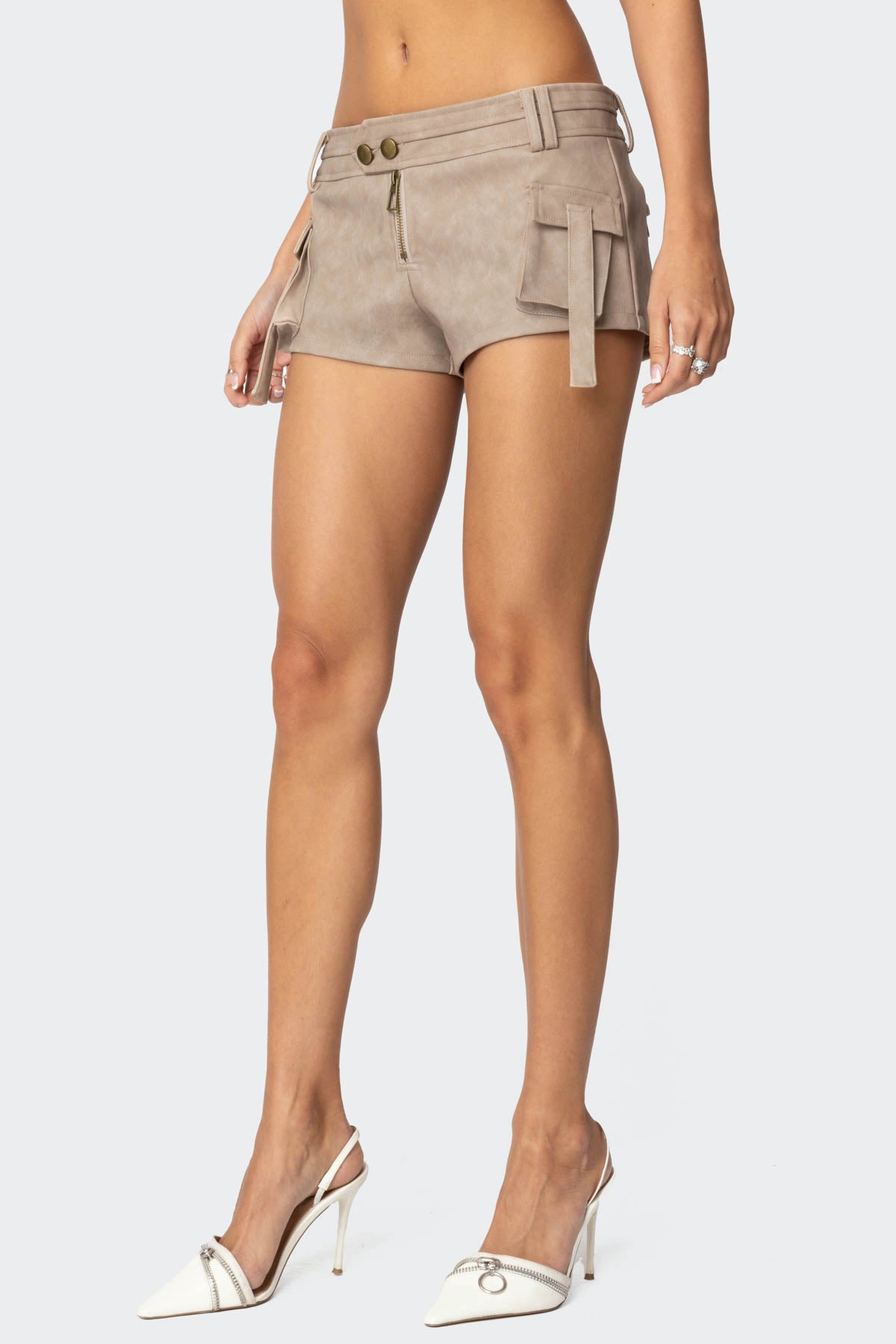Washed Faux Leather Micro Cargo Shorts - BEIGE