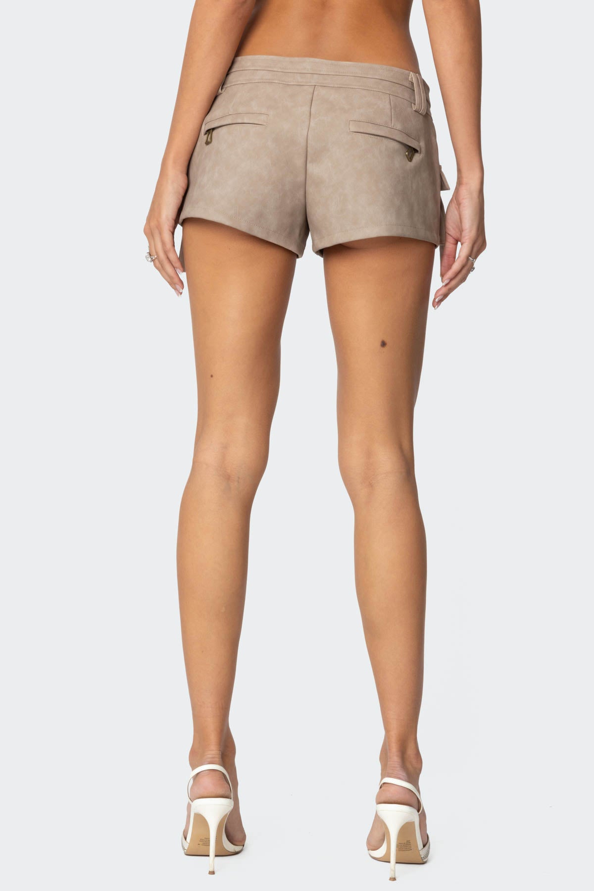 Washed Faux Leather Micro Cargo Shorts - BEIGE