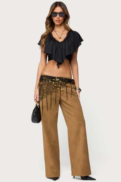 Deena Ruffled V Neck Top - BLACK