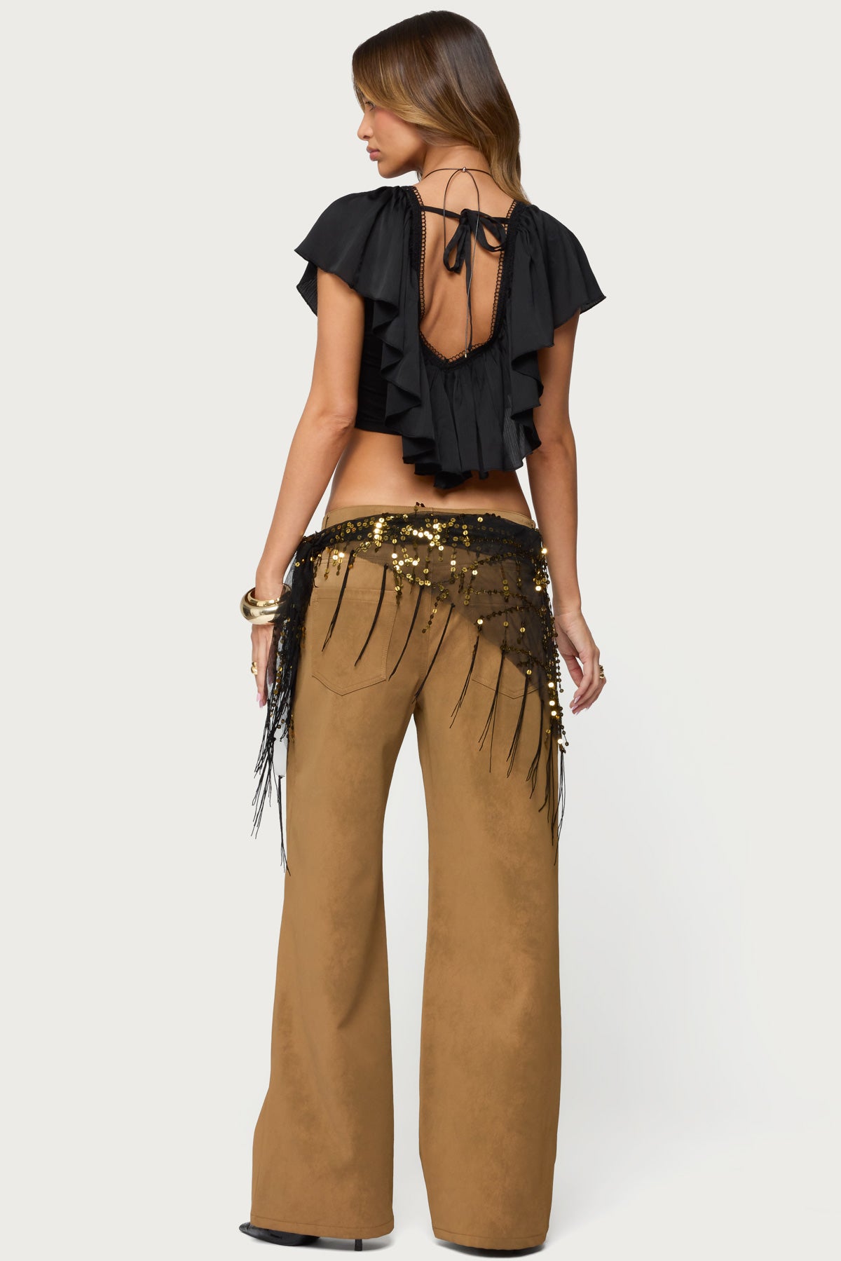 Deena Ruffled V Neck Top - BLACK