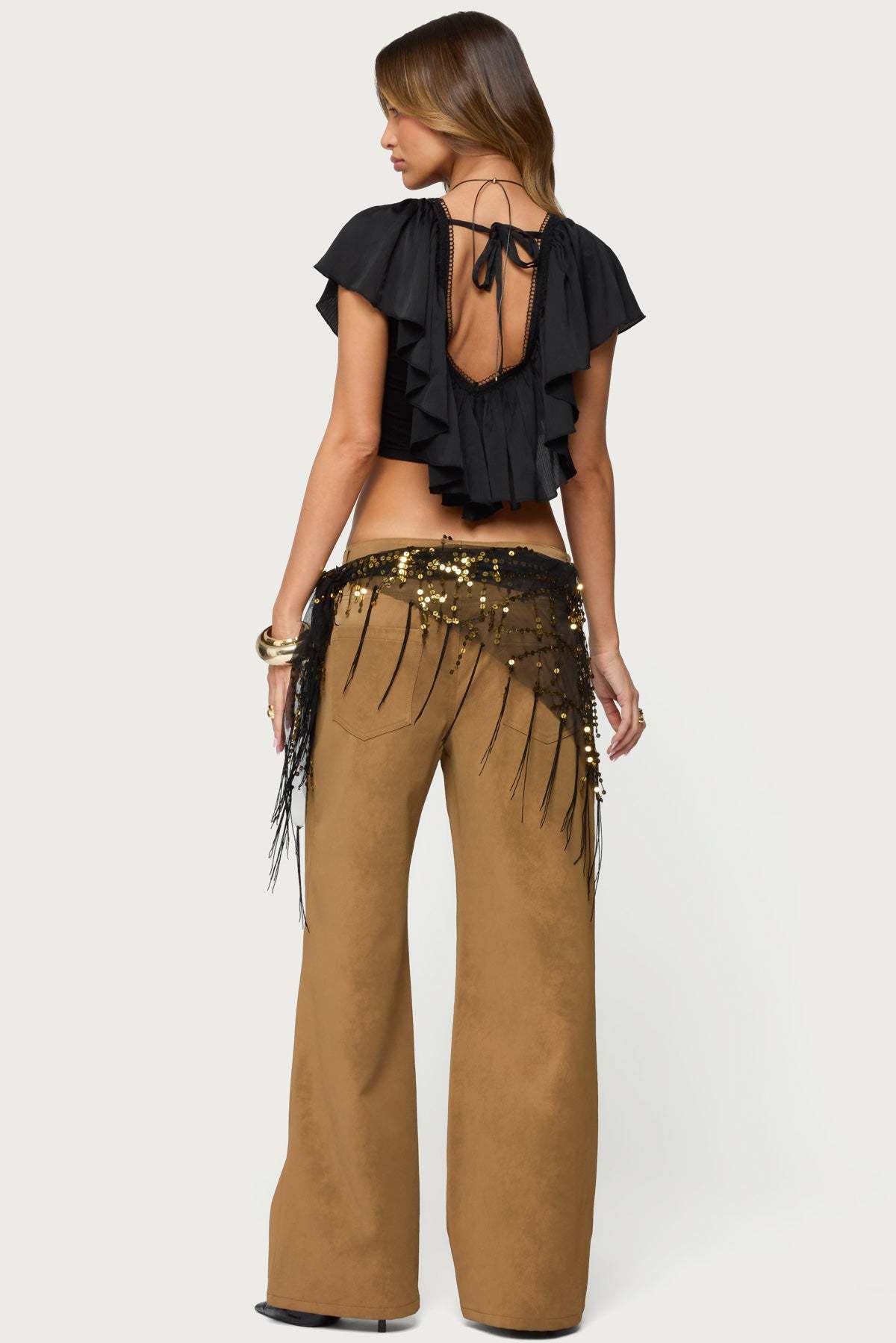 Deena Ruffled V Neck Top - BLACK