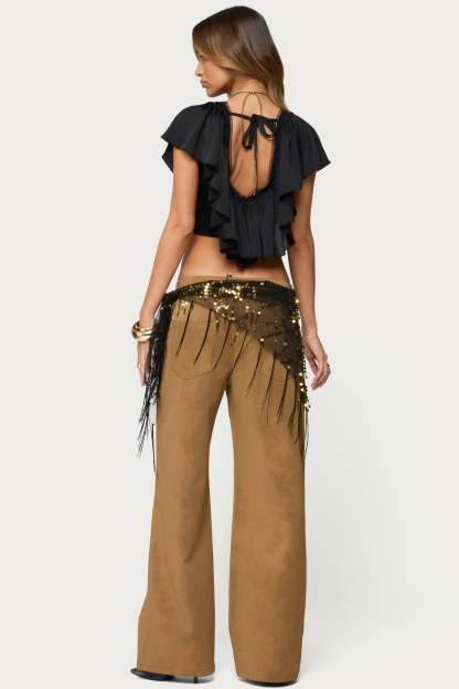 Deena Ruffled V Neck Top - BLACK