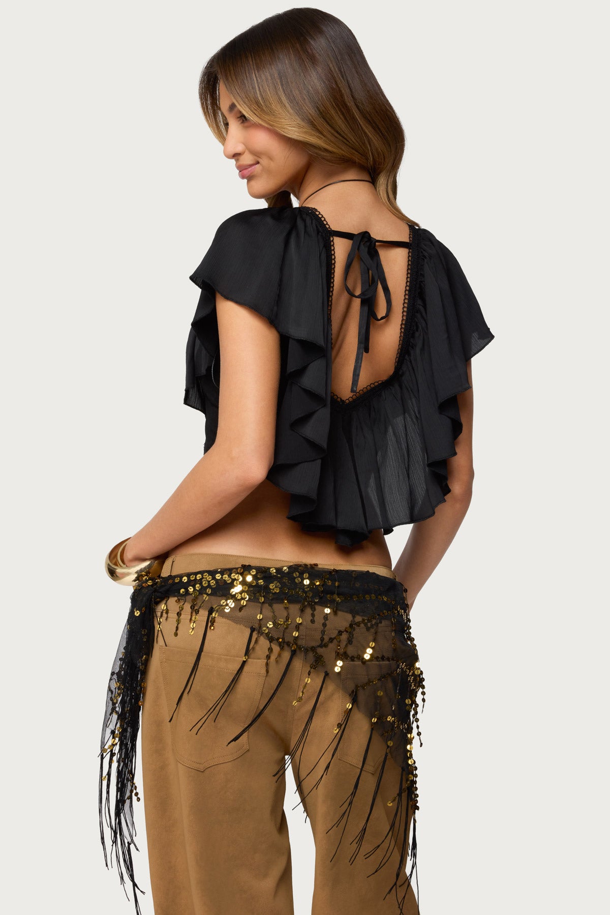 Deena Ruffled V Neck Top - BLACK
