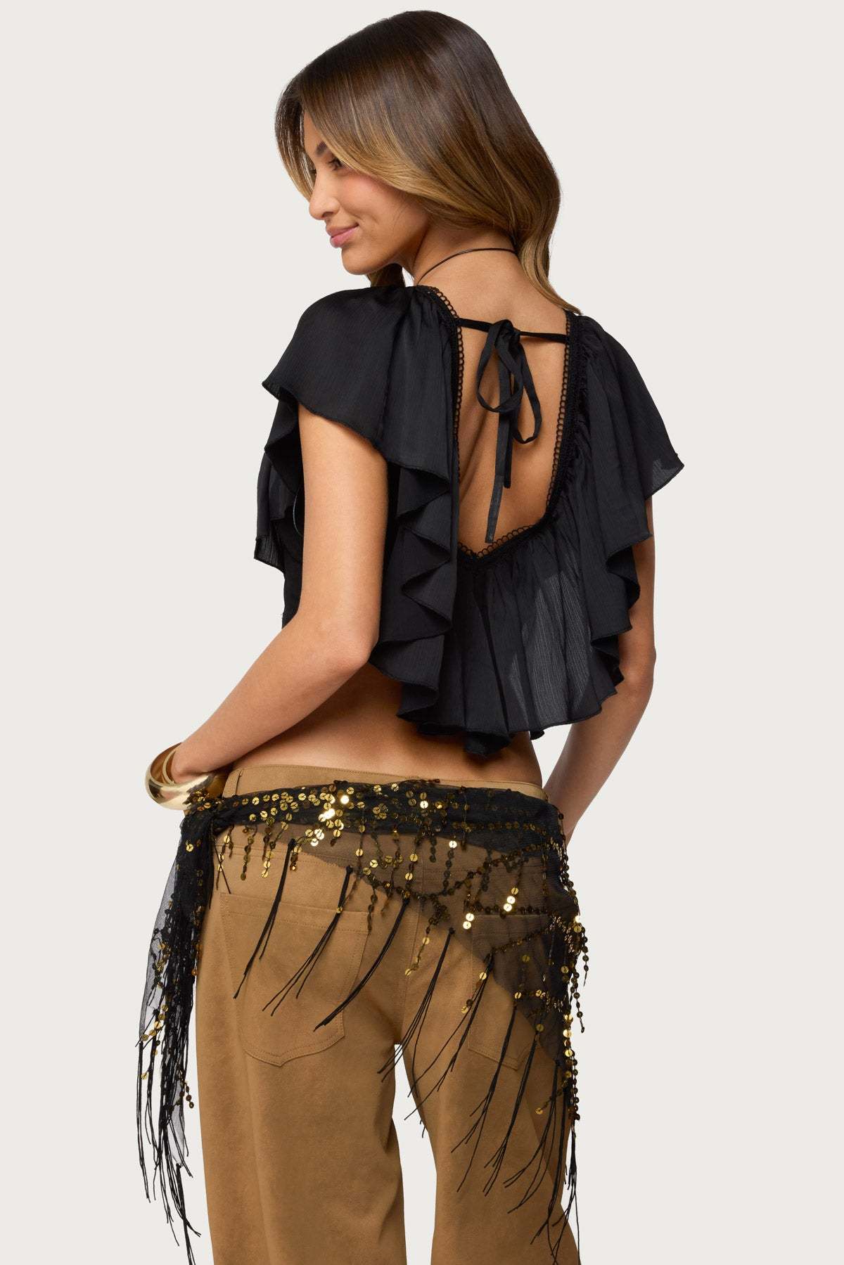 Deena Ruffled V Neck Top - BLACK