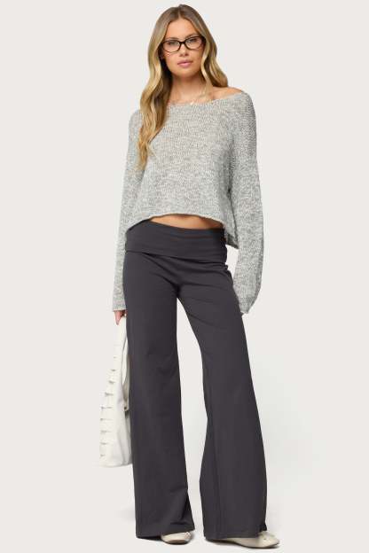 Wide Leg Foldover Pants - DARK-GRAY