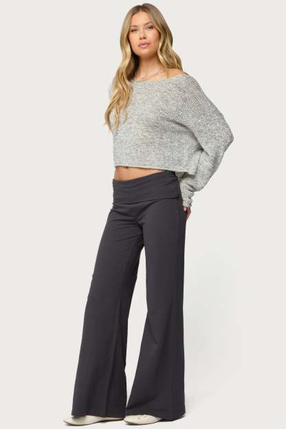 Wide Leg Foldover Pants - DARK-GRAY