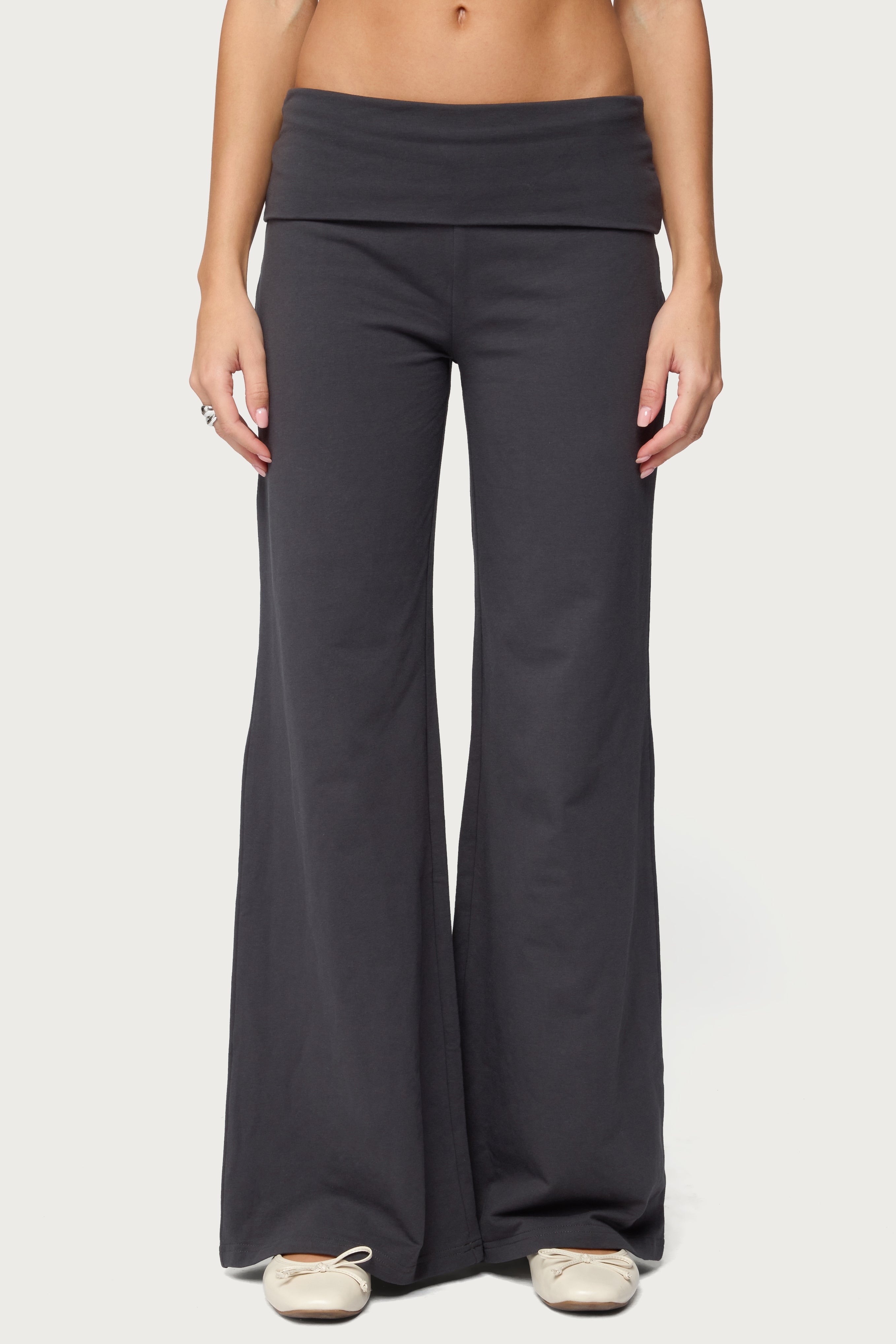 Wide Leg Foldover Pants - DARK-GRAY