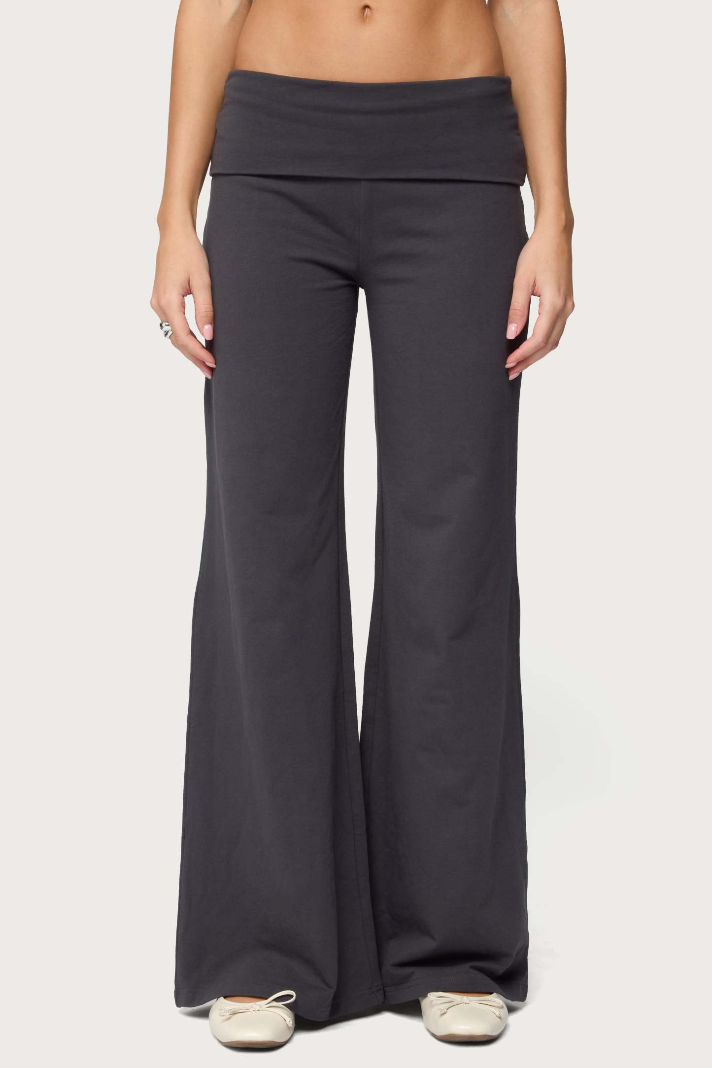 Wide Leg Foldover Pants - DARK-GRAY