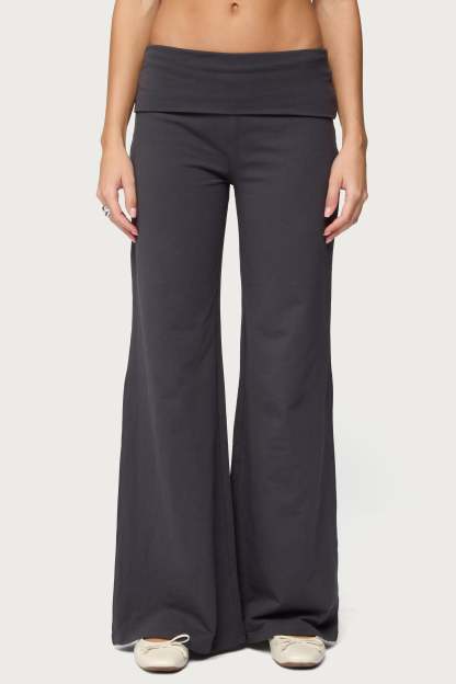Wide Leg Foldover Pants - DARK-GRAY