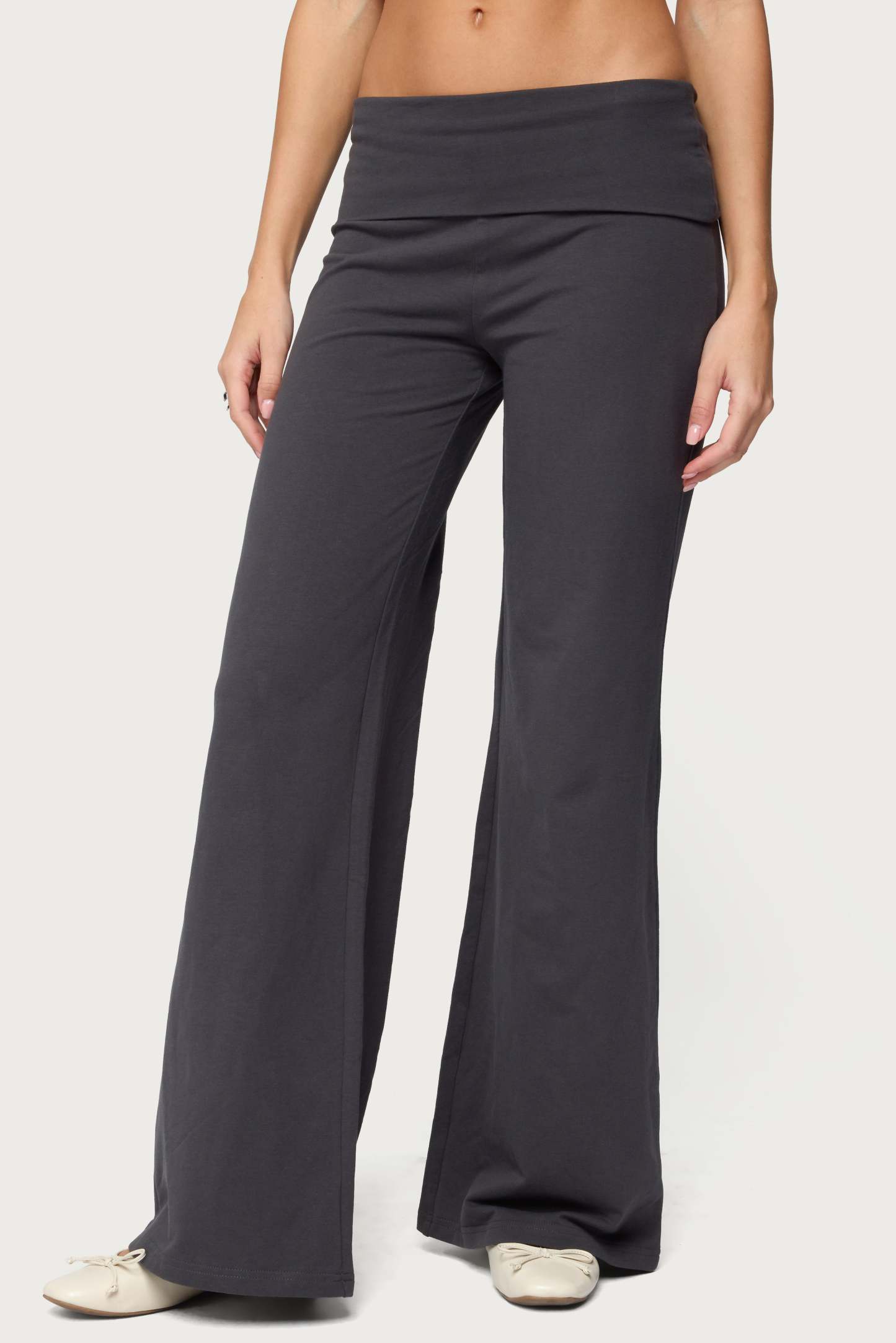 Wide Leg Foldover Pants - DARK-GRAY