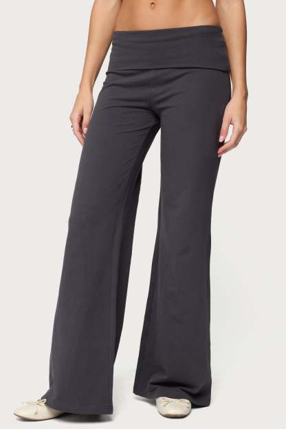 Wide Leg Foldover Pants - DARK-GRAY
