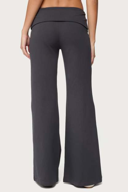 Wide Leg Foldover Pants - DARK-GRAY