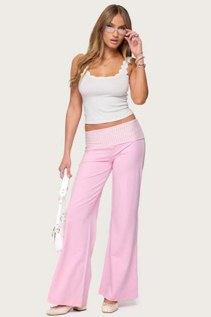 Meshey Striped Foldover Pants - PINK