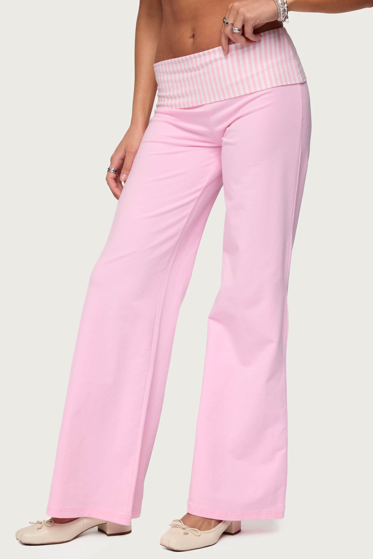 Meshey Striped Foldover Pants - PINK