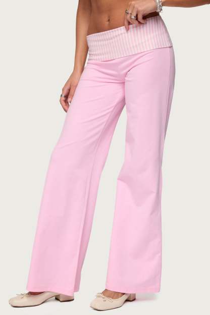Meshey Striped Foldover Pants - PINK