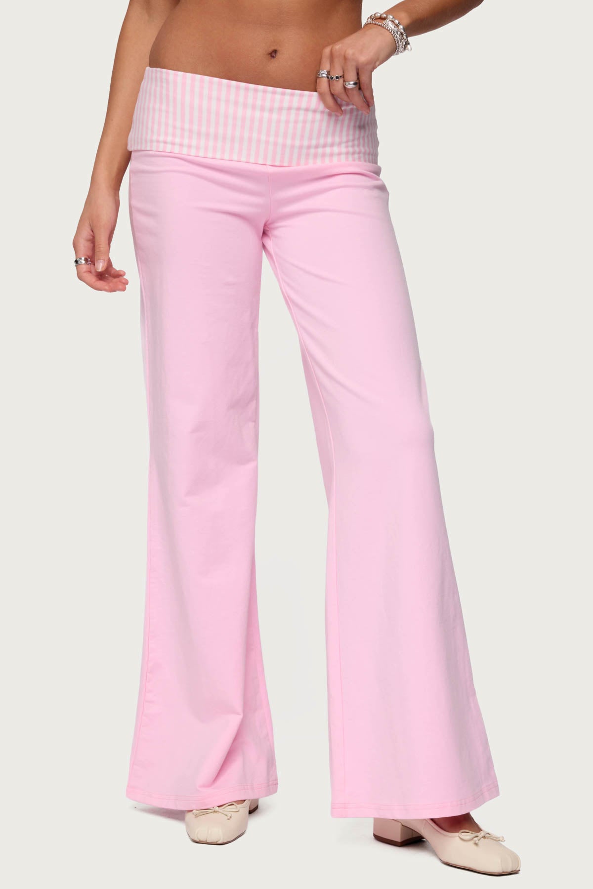 Meshey Striped Foldover Pants - PINK