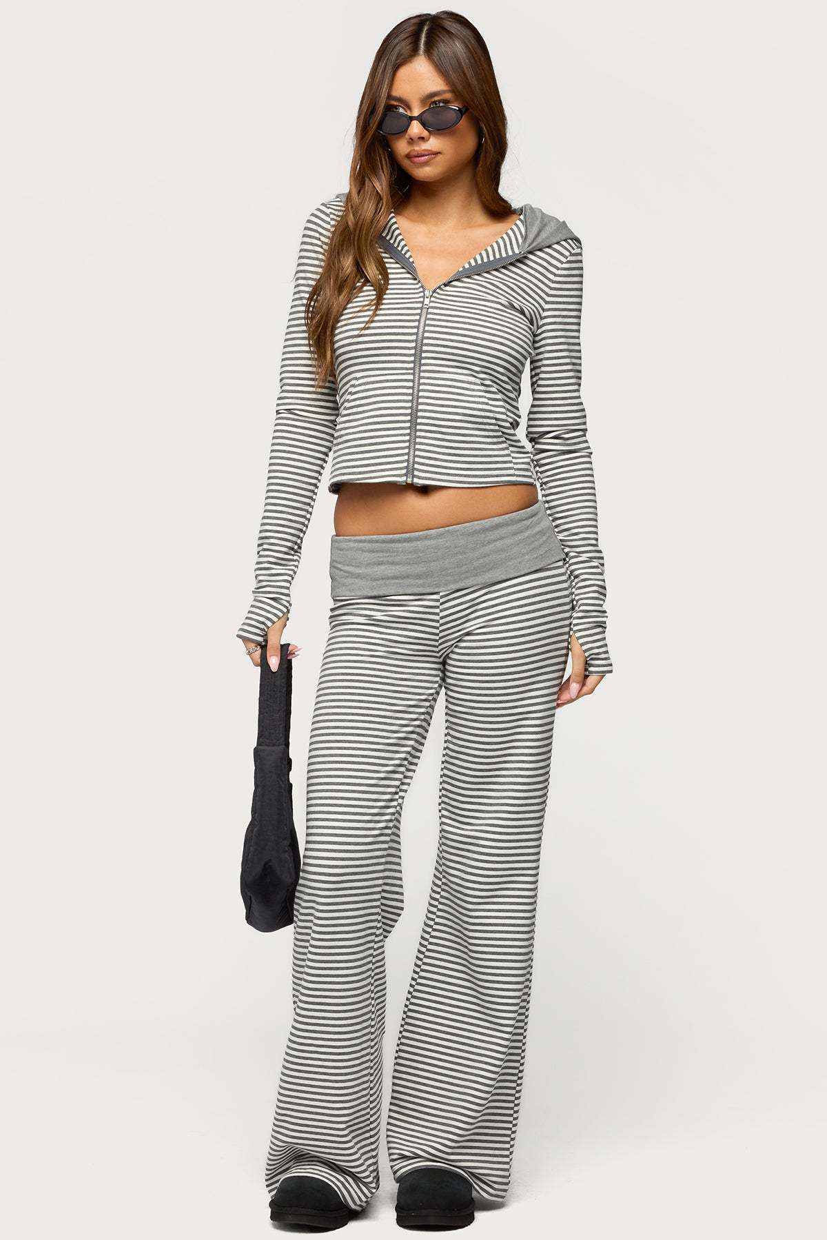 Meggy Striped Zip Up Hoodie - GRAY-AND-WHITE