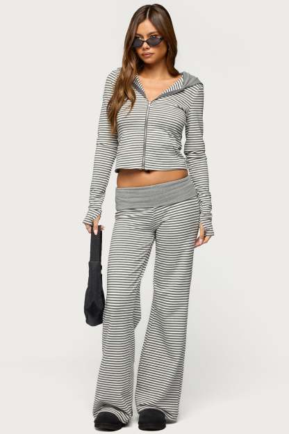 Meggy Striped Zip Up Hoodie - GRAY-AND-WHITE
