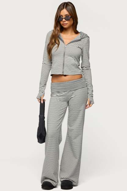 Meggy Striped Foldover Pants - GRAY-AND-WHITE