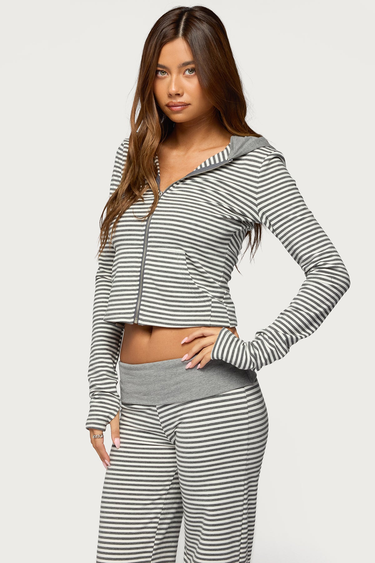 Meggy Striped Zip Up Hoodie - GRAY-AND-WHITE