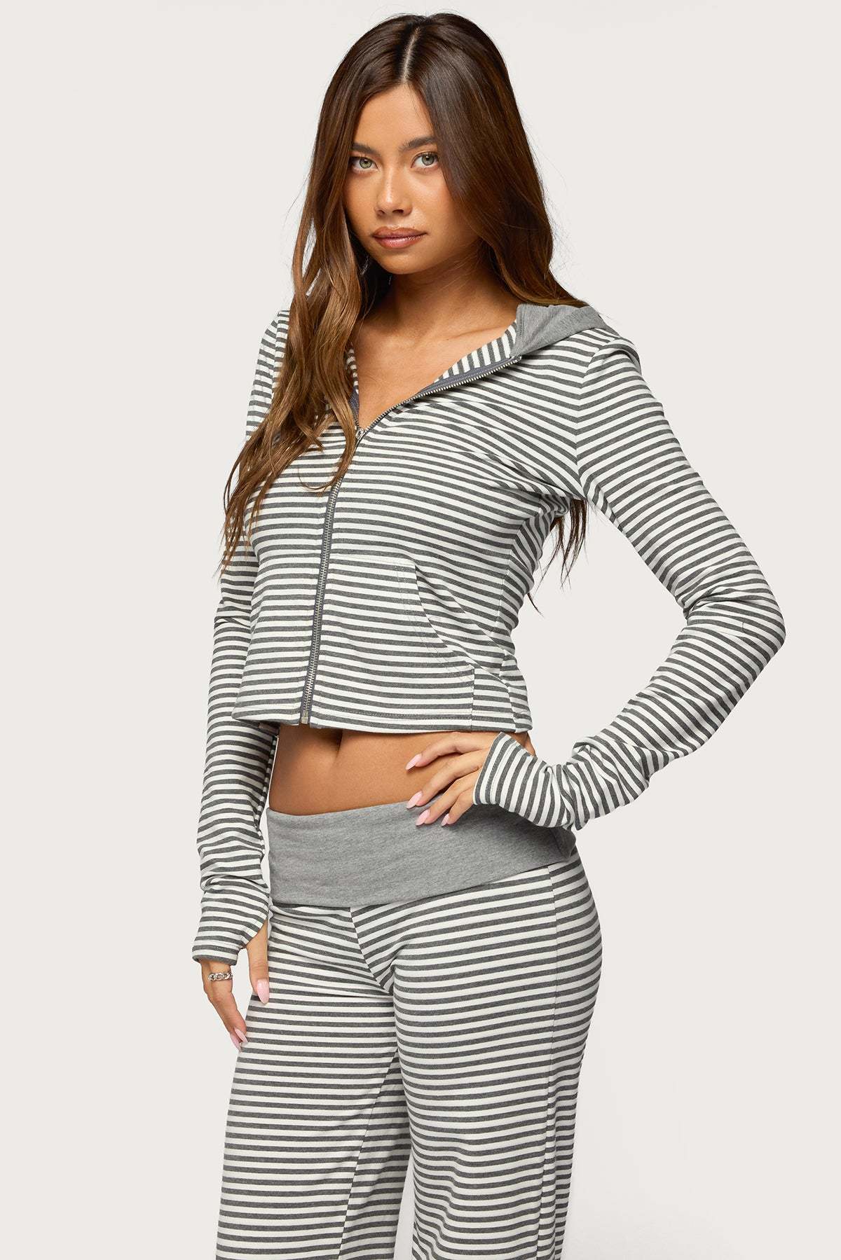Meggy Striped Zip Up Hoodie - GRAY-AND-WHITE