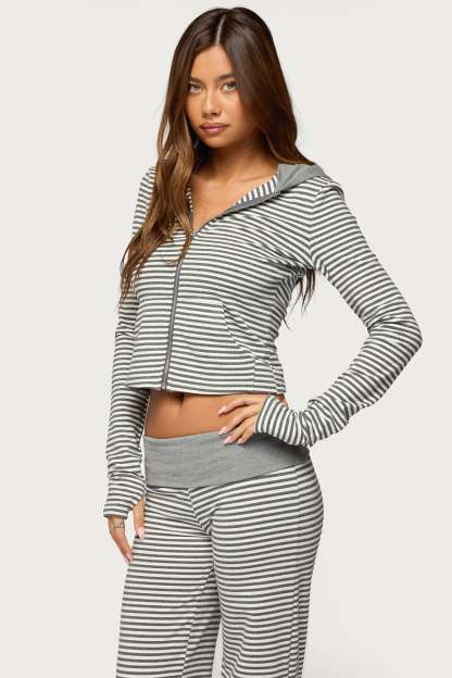Meggy Striped Zip Up Hoodie - GRAY-AND-WHITE