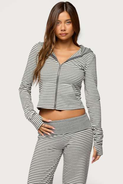 Meggy Striped Zip Up Hoodie - GRAY-AND-WHITE