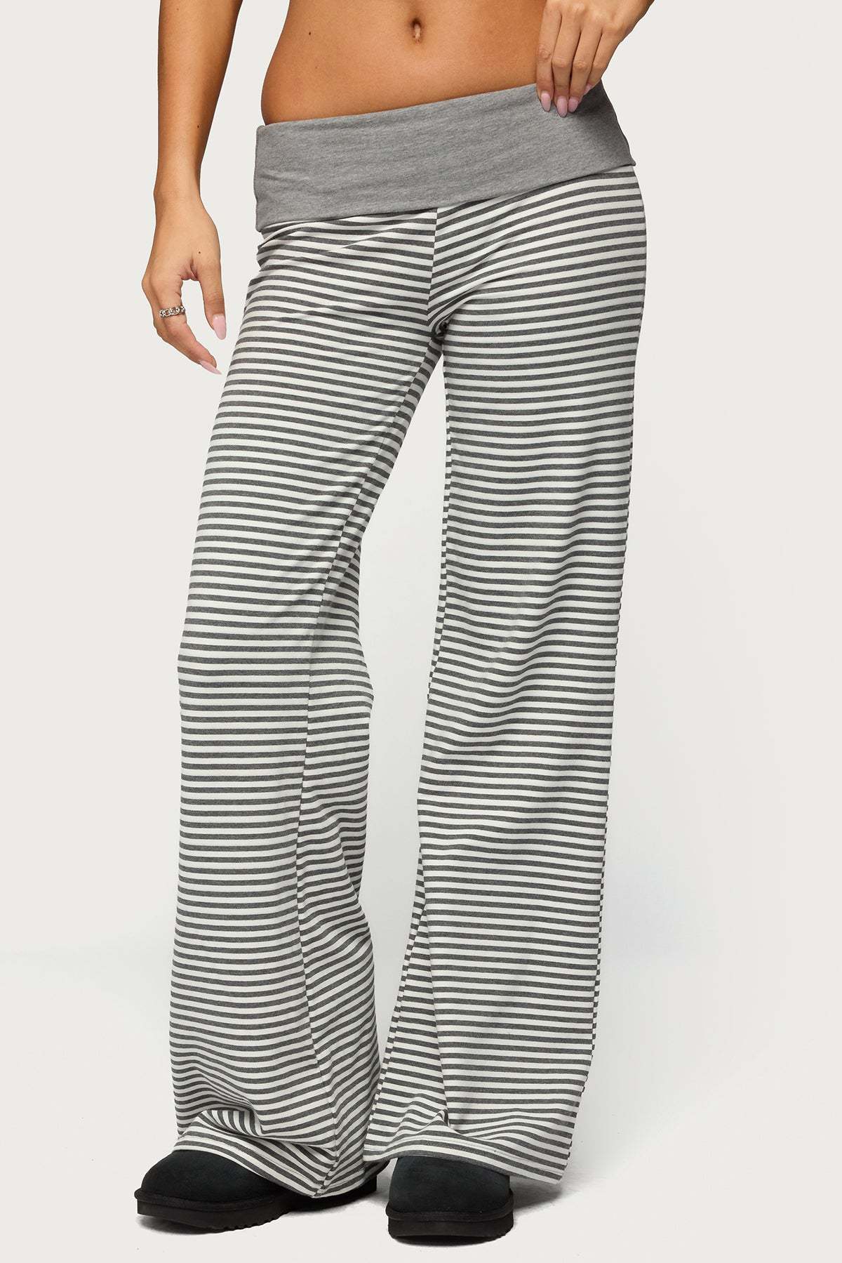 Meggy Striped Foldover Pants - GRAY-AND-WHITE