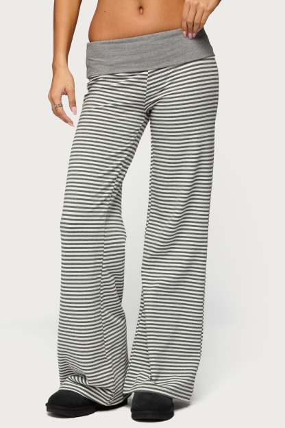 Meggy Striped Foldover Pants - GRAY-AND-WHITE