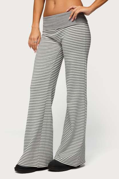 Meggy Striped Foldover Pants - GRAY-AND-WHITE