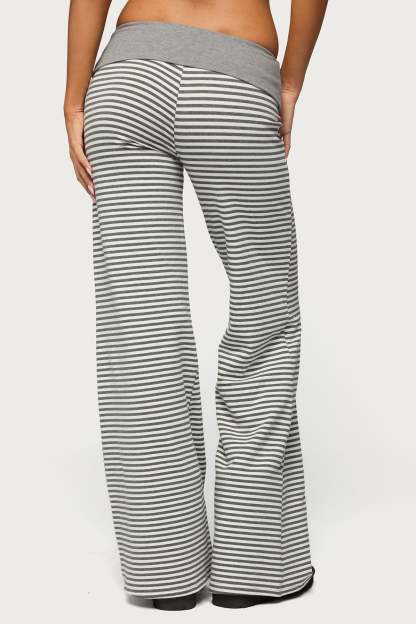 Meggy Striped Foldover Pants - GRAY-AND-WHITE
