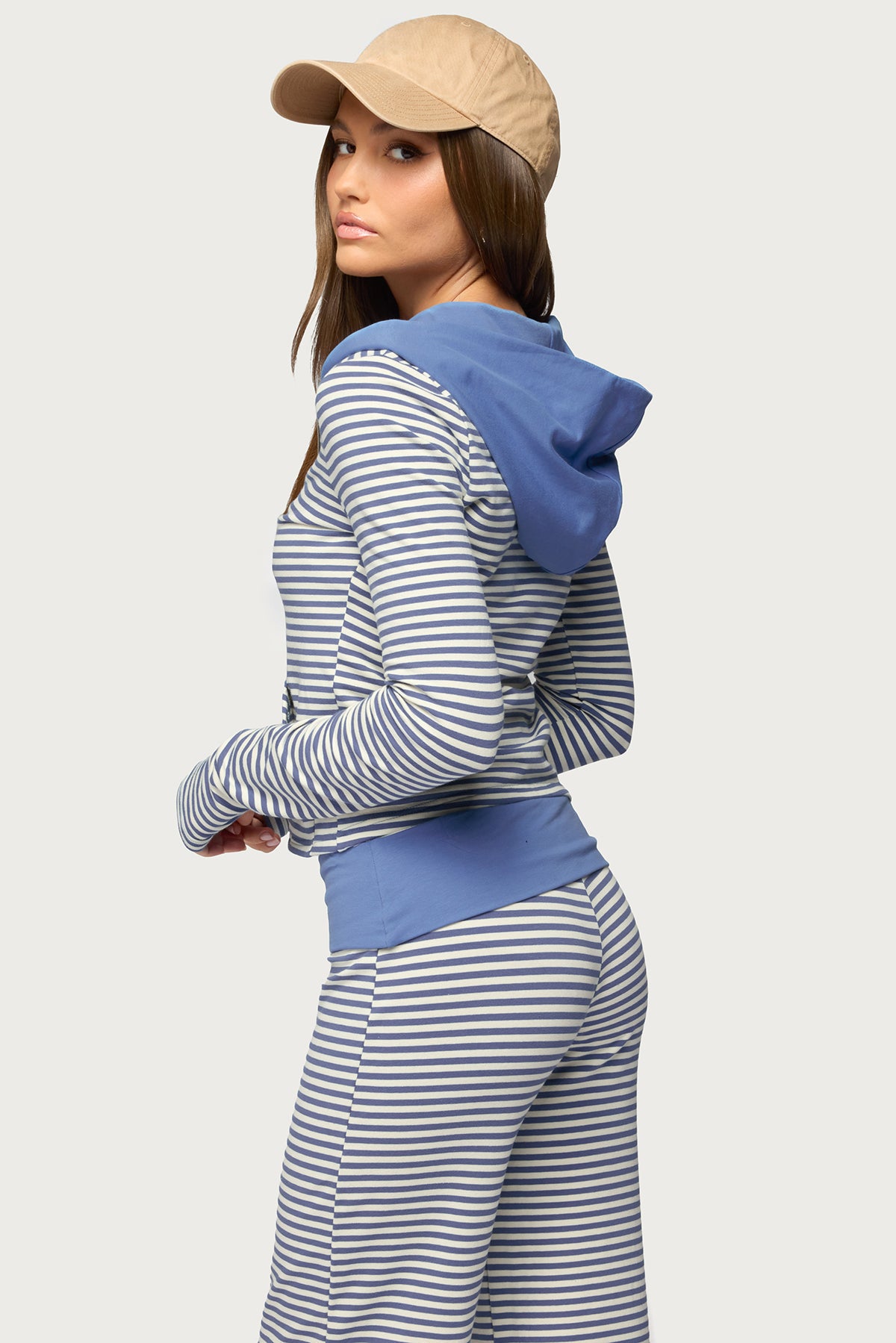 Meggy Striped Zip Up Hoodie - LIGHT-BLUE-AND-WHITE