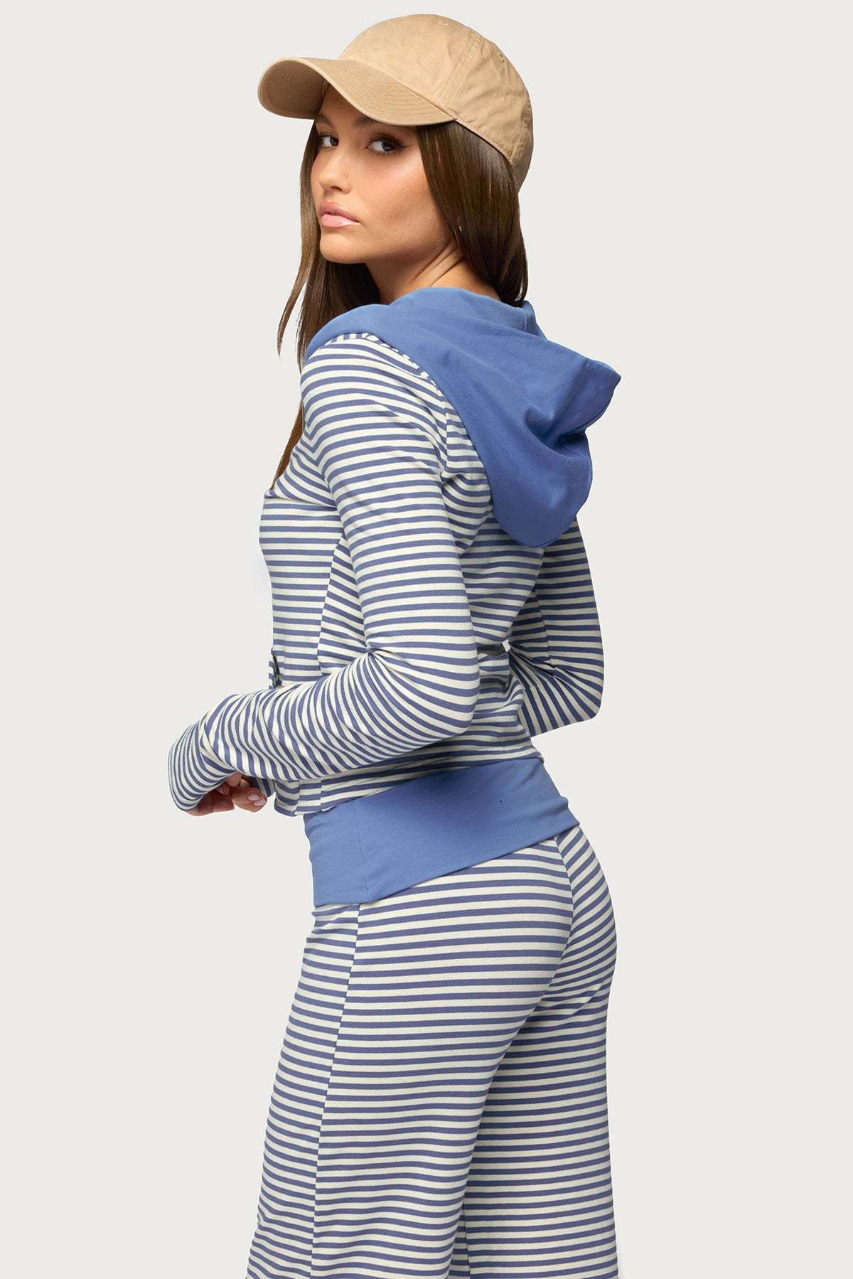 Meggy Striped Zip Up Hoodie - LIGHT-BLUE-AND-WHITE