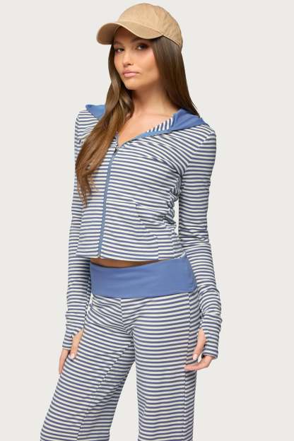 Meggy Striped Zip Up Hoodie - LIGHT-BLUE-AND-WHITE