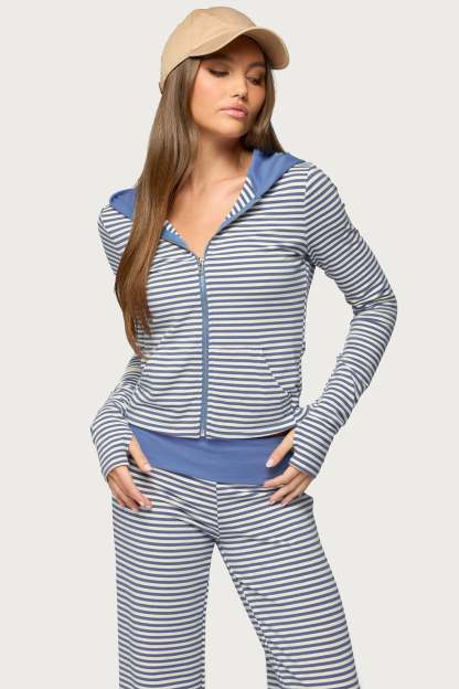 Meggy Striped Zip Up Hoodie - LIGHT-BLUE-AND-WHITE